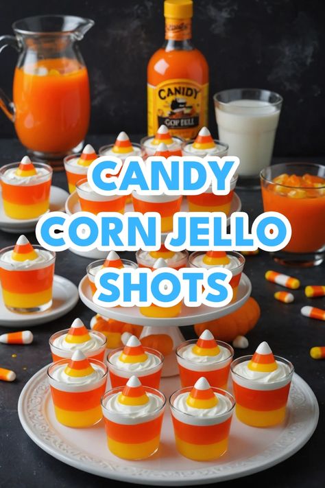 A photo of a  Candy Corn Jello Shots which is a type of halloween jello shots Jello Shots Recipe Halloween, Candy Corn Shots Alcohol, Halloween Shots Alcohol Jello Shooters, Halloween Alcoholic Jello Shots, Carnival Jello Shots, Peach Crown Jello Shots, Halloween Party Food Ideas Easy, Halloween Party Shots Alcohol, Skull Jello Shots