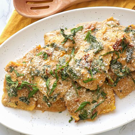 Creamy Tuscan Ravioli Creamy Tuscan Ravioli, Tuscan Ravioli, Dried Tomatoes, Baby Spinach, Sun Dried, Grated Parmesan Cheese, Chicken Stock, Italian Seasoning, Sun Dried Tomato