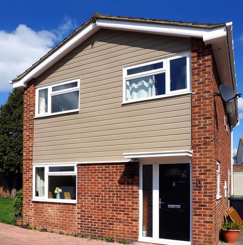 Supplier of click-fit cladding in various colours including white and a few shades of grey.  Cladding colour visualiser - Freefoam Building Products Cladding On Bungalow, House Cladding Exterior, Cladding House Exterior Uk, Cladding And Render Facade, Cladding House Exterior, Colour Bond Exterior Cladding, Silvertop Ash Cladding, 70s House Exterior, Siberian Larch Cladding Exterior