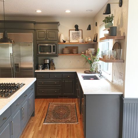 282 Likes, 37 Comments - Jill Hinson (@jillhinsoninteriors) on Instagram: “Here is the kitchen!!!!!! **Swipe left to see the 'BEFORE'. My clients wanted to update their…” Bm Kendall Charcoal, Kitchen Without Wall Cabinets, No Upper Cabinets Kitchen, Kitchen Without Cabinets, Kitchen No Uppers, Kitchen Without Upper Cabinets, Kitchen No Upper Cabinets, Elongated Hexagon Tile, Kitchen With Open Shelving