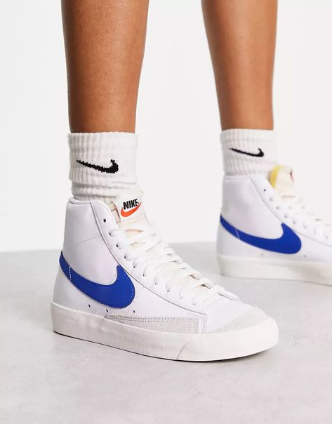 Nike Blazer '77 Mid sneakers in white and blue | ASOS Nike Blazer Blue, Nike Blazer 77, Blazer 77, Mid Sneakers, Nike Blazer Mid, Nike Blazers Mid, Blazer Mid, Nike Blazer, Blue Nike