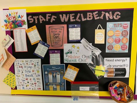 Wellbeing Room Ideas School, Teacher's Lounge Bulletin Board Ideas, Teacher Interactive Bulletin Boards, Work Interactive Bulletin Boards, Team Board Ideas Office, Nurses Break Room Ideas, Employee Break Room Bulletin Boards, Staff Room Wellbeing Ideas, Employee Wellness Bulletin Board