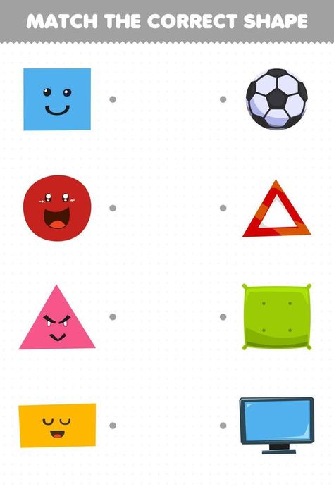 Education game for children match the correct shape of geometric object square pillow circle soccer ball triangle emergency sign rectangle monitor printable worksheet Worksheet For Nursery Class, English Worksheets For Kindergarten, Pattern Activities, Game For Children, Ornamental Tattoo, Kindergarten Math Worksheets, Clip Art Borders, Math Worksheet, Logo Banners