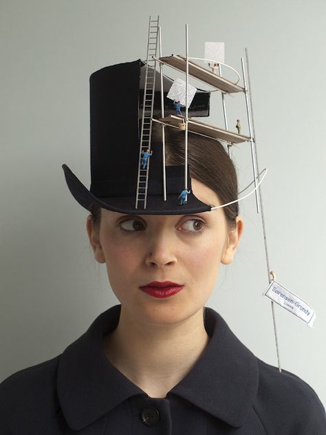 hahaha!!!!!!!...hat in the middle of construction! Would be great for a twist on a construction worker...or can make an entire outfit under construction! Charlotte Riley, Construction Hat, Carole Middleton, Mad Hat, Crazy Hats, Mini Top Hat, Hat Ideas, Fancy Hats, Fascinator Hats