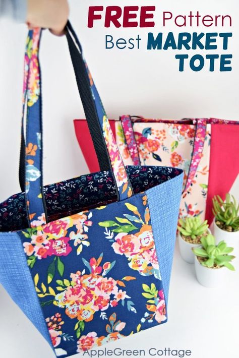 See how to make a tote bag using this free tote bag sewing pattern for a great looking market tote bag in 3 sizes. It can be used either as a storage basket or as a market bag. Easy sewing project, and no corner boxing required, due to a specific square bottom construction. Happy #sewing! #freepattern #bagpattern #totebag Market Tote Bag Pattern, Market Bag Pattern, Tote Bag Pattern Free, Sacs Tote Bags, Bag Pattern Free, Market Tote Bag, Tote Bags Sewing, Patchwork Bags, Bag Patterns To Sew