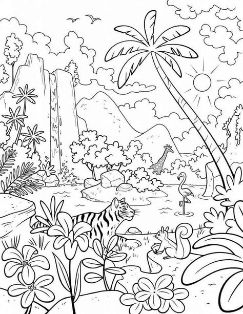 Jungle Coloring Pages, Jungle Drawing, Creation Coloring Pages, Garden Coloring, Eden Garden, Drawing Kids, Coloring Drawing, Summer Coloring Pages, Bible Coloring