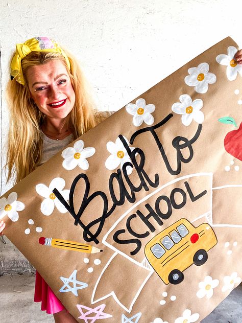 Approximately 30x30” banner Painted on brown paper Back To School Painted Sign, Back To School Bbq, One Year Banner, Back To School Brown Paper Banner, Back To School Paper Banner, Banner Making Ideas, First Day Of School Banner Painted, Hand Painted Banner Ideas, Back To School Painted Banner