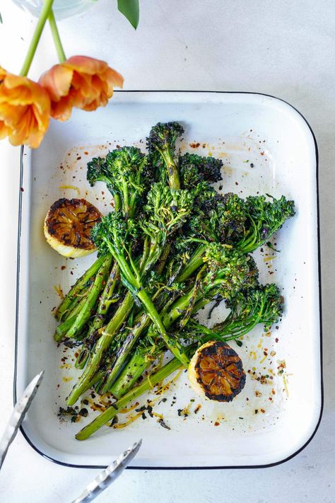 Grilled Broccolini with burrata cheese, toasted hazelnuts and basil oil- a tasty summer side dish perfect for outdoor dinners and gatherings. Broccolini Recipe, Grilled Broccolini, Salty Recipes, Summer Side Dish, Basil Oil, Burrata Cheese, Summer Side Dishes, Red Chili Flakes, Outdoor Dinner