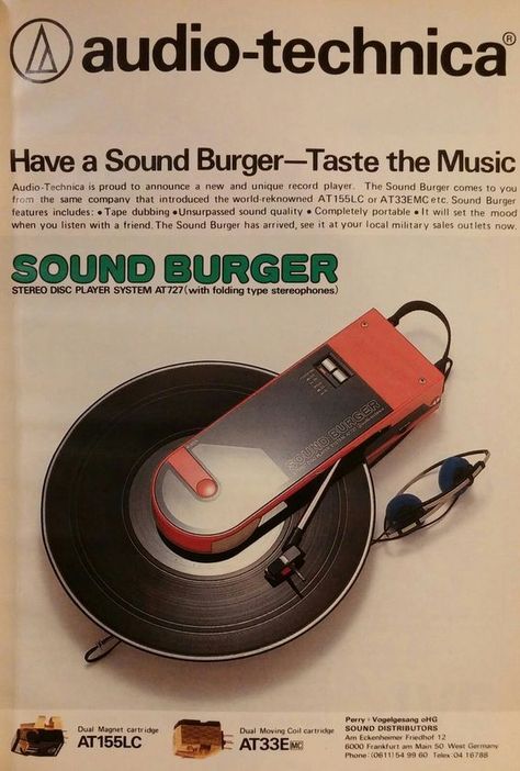 Audio Technica Sound Burger, Portable Record Player Portable Record Player, 80s Stuff, Retro Tech, Vinyl Player, Retro Gadgets, Gift Inspo, Retro Ads, Audio Technica, Publication Design