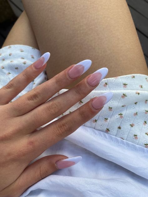 Thick French Almond Nails, Thick White French Tip Nails Almond, Lilac French Tip Nails, Almond Shaped French Tip Nails, Almond Shape French Tip, Tip Acrylics, Almond Nails French, French Tip Acrylics, Euphoria Nails