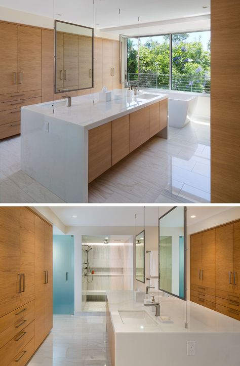 In this ensuite bathroom, there's a large central island vanity, that has a… Bathroom Island, House In California, Island Bathroom, Simple Curtains, Ensuite Bathrooms, Ensuite Bathroom, Bathroom Windows, Island Ideas, Bathroom Spa