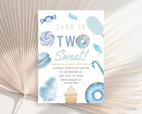 Two Sweet Birthday Invitation, Candy Birthday Invitation, Dessert Birthday Invitation, Pastel Sweets Birthday Invitation For Boy by DanielaDaintyDesigns on Etsy Two Sweet Birthday Invitation, Pastel Sweets, Two Sweet Birthday, Sweets Birthday, Dessert Birthday, Candy Birthday, Another Year Older, Two Sweet, Sweet Birthday