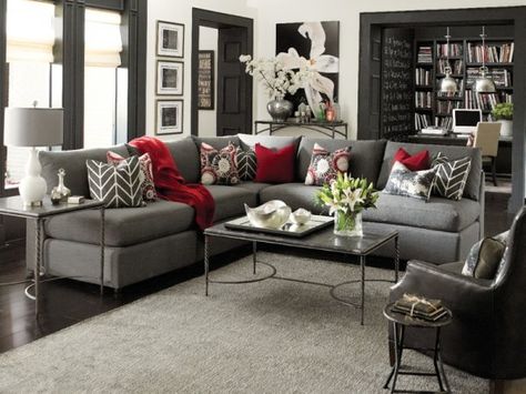 , I love the grey with pops of color and dark accents ::Living Room Inspiration Galleries Grey And Red Living Room, Grey Couch Living Room, Red Living, Living Room Decor Gray, Black Living Room, Living Room Red, Living Room Color Schemes, Trendy Living Rooms, Red Pillows