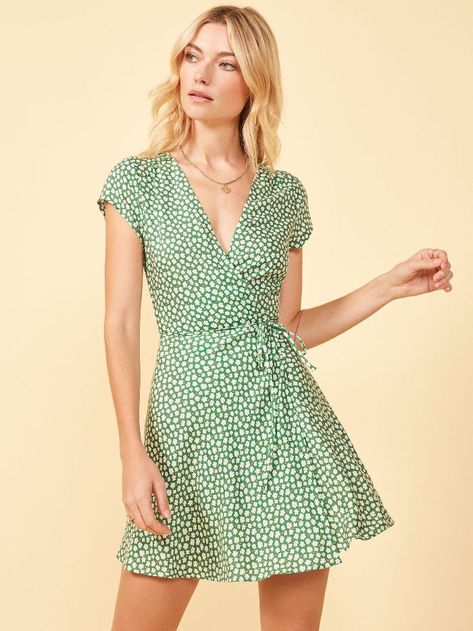 The 3 $98 Reformation Dresses We All Need This Summer via @WhoWhatWearUK Floral Wrap Dress Short, Short Wrap Dress, Wrap Dress Short, Reformation Dress, Knitted Bodycon Dress, Printed Bodycon Dress, Mini Wrap Dress, Ladies Dress Design, Comfortable Dress