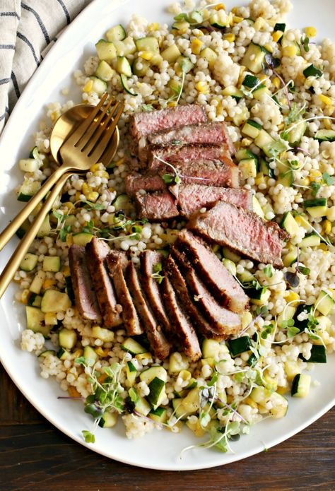 Steak-and-Couscous-Salad-1 Steak And Couscous Recipes, Steak And Couscous, Beef Couscous, Corn And Zucchini Salad, Turkey Steak Recipes, Warm Pasta Salad, Corn And Zucchini, Strip Steaks, Lunch Dishes