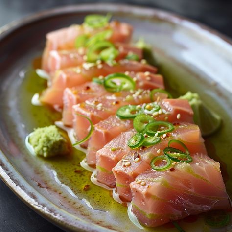 Lime-Infused Yellowfin Tuna Sashimi Recipe Tuna Sashimi Recipe, Finger Limes, Sashimi Recipe, Tuna Sashimi, Seafood Dish Recipes, Finger Lime, Yellowfin Tuna, Food Art Photography, Limes