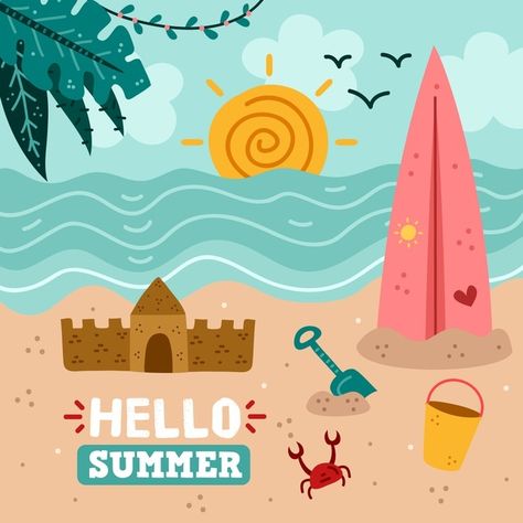 Hola verano dibujado a mano | Free Vector #Freepik #freevector #fondo #mano #verano #hoja Summer Drawings, School Flyer, Drawing Procreate, Black And White Picture Wall, Summer Illustration, Summer Painting, School Decorations, Summer Wallpaper, Black And White Pictures