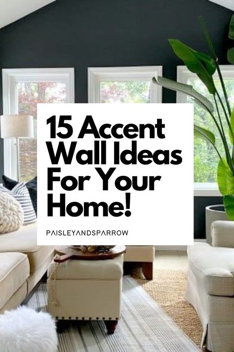 Here are 15 ideas for accent walls in your home! Paint, shelves, shiplap, and more - create a focal point in a bedroom, living room, or office! Small Livingroom Ideas On A Budget Color Schemes Accent Walls, Painting One Wall In Living Room, Feature Wall With Window Living Rooms, One Accent Wall Living Room, Light Color Accent Wall Living Room, Painted Feature Wall Living Room, Coloured Feature Wall Living Room, Family Room Shelves Decor, Trending Accent Wall Colors