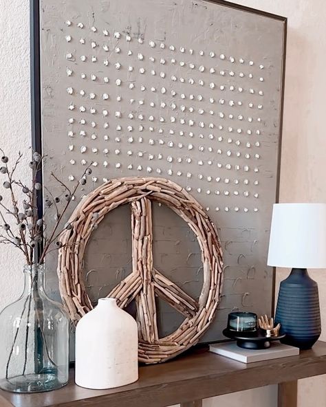 I’ve had a love for peace signs since I was a little girl. I spotted this driftwood peace sign today and it was an immediate ADD TO CART ✌🏼 @homegoods #homegoods #homegoodsfinds #tjmaxx #peace #peacesign #driftwood #driftwoodart #entrystyle #entrywaydecor #foyer #interiordesign #homedecor Peace Sign Home Decor, Peace Sign Wall Decor, Driftwood Peace Sign, Diy Peace Sign Necklace, Cricut Peace Sign, Entry Styling, Driftwood Art, Peace Sign, Entryway Decor