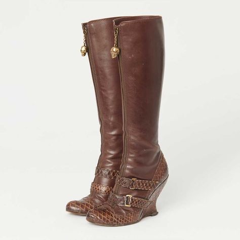 Elevate your style with these chic brown croco embossed knee high wedge boots. Featuring trendy buckle straps and a convenient zip closure, they are both fashionable and functional for any occasion. Color: Brown Heel Type: Wedge heel Heel Height: 4.72" / 120 mm approx Product measurements were taken using size 8. Please note that measurements may vary by size. Toe: Closed toe Front zip design Buckled strappy design Croco embossed design Handcrafted US sizing. Fits true to size. Knee High Wedge Boots Outfit, 2000s Boots, Knee High Wedge Boots, Pleaser Heels, Cowboy Shoes, High Wedges, Zip Design, Fresh Shoes, Fancy Shoes