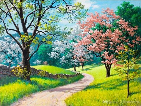 Custom 3d wallpaper for walls 3d photo wallpaper scenery murals Beautiful color pastoral oil painting art television background wall decor Season Painting, Frühling Wallpaper, Flower Season, Trees And Flowers, Grassy Field, Artistic Pictures, Spring Wallpaper, Oil Canvas, Nature View