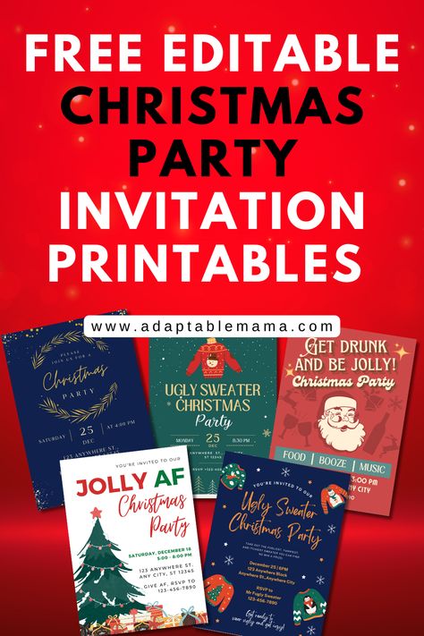 Get these 5 Christmas party invitations, choose a design, and edit the details accordingly. Download, print, or send online and prep for an epic, fun-themed Christmas party! #christmasparty #christmasprintable #printable #freeprintables Christmas Party Flyer Template Free, Christmas Party Invite Ideas, Free Party Invitations Templates, Christmas Party Invites Template Free, Christmas Party Invitations Ideas, Christmas Invitations Ideas, Free Printable Christmas Party Invitations, Christmas Invitation Wording, Holiday Party Invite Wording