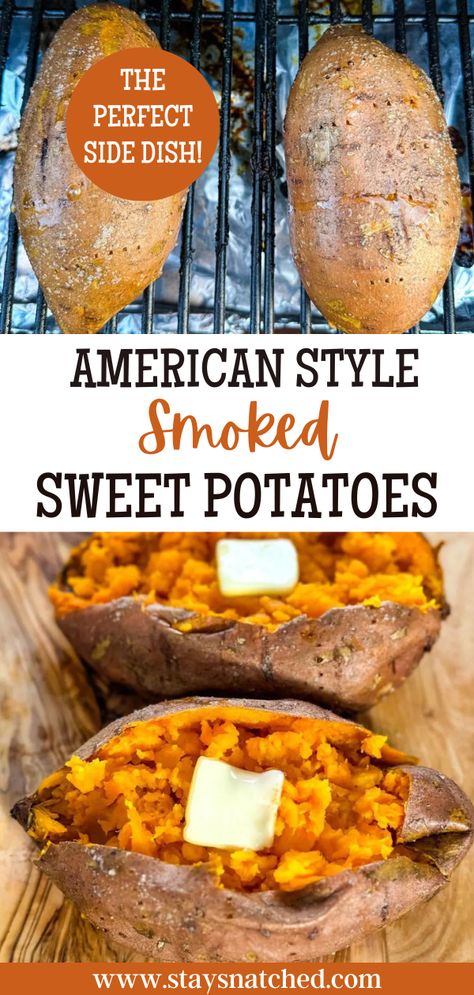 Sweet Potato Traeger, Smoked Meat On Pellet Grill, Grilling Ideas For Fall, Sweet Potato Smoker Recipes, Pellet Smoker Potatoes, Grilling Sweet Potatoes, Healthy Pellet Smoker Recipes, Traeger Sweet Potatoes, Baked Potatoes In Smoker