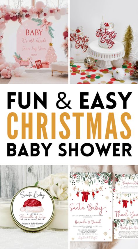 Fun Christmas Baby Shower Ideas - Find inspiration and fun ideas to throw the best Christmas Baby Shower with theme ideas, decoration tips, food and drinks, and fun games and activities! Candy Cane Baby Shower Theme, Santa Baby Baby Shower Theme Food, Christmas Themed Baby Shower Ideas Boy, Bundle Of Joy Baby Shower Ideas, Merry Little Baby Shower Theme, A Merry Little Baby Shower Theme, Merry Little Baby Shower Decorations, Holiday Baby Shower Ideas, Baby Shower Christmas Theme