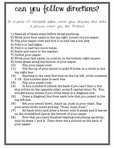 Following Directions Worksheet, Follow Directions Worksheet, Directions Worksheet, Following Directions Activities, Activities For Teens, Bell Ringers, Following Directions, Skills Activities, Beginning Of School