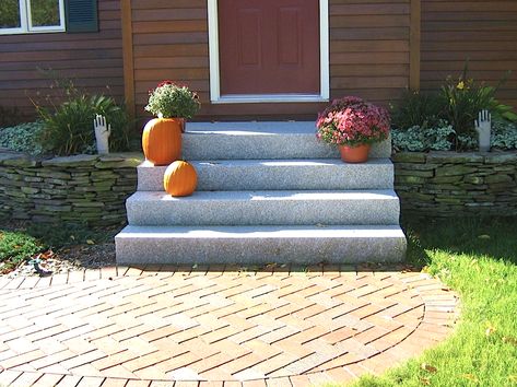 Concrete Front Steps Makeover Using Granite Entry Steps Poured Concrete Front Steps, Upgrade Concrete Steps, Building Wood Steps Over Cement Steps, Front Steps Ideas Brick, Offset Concrete Steps, Bluestone Stairs Front Steps, Concrete Front Steps, Front Door Steps, Front Porch Steps