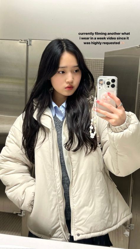 saranghoe tracy sohn korean outfit Korean University Outfit, Dress Outfits Korean, Tracy Sohn, Daisy Choi, Korean Aesthetic Outfits, December Outfits, University Outfit, White Puffer, Outfit Korean