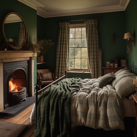 Moody Bedroom Fireplace, Rustic Cozy Bedroom, Dark Cottagecore Aesthetic Bedroom, Black And Dark Green Bedroom, Old English Bedroom, English Style House, Bedroom With Fireplace, Blue Green Bedrooms, Moody Bedroom