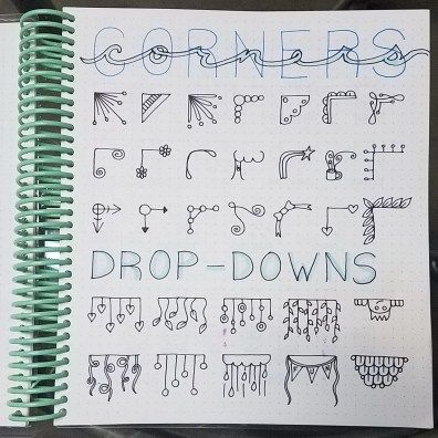 Dotted Line Journal Ideas, Paper Doodles Notebook, Corner Page Doodles, Corner Notes Ideas, Corner Paper Doodles, Corner Journal Ideas, Corner Doodles Easy, Bujo Corner Designs, Corner Drawings Doodles