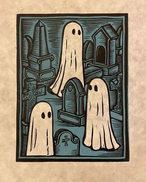 Graveyard Halloween, Ghost Drawing, Linocut Printmaking, Lino Art, Lokta Paper, Relief Printing, Linocut Art, Halloween Spooky, Halloween Prints