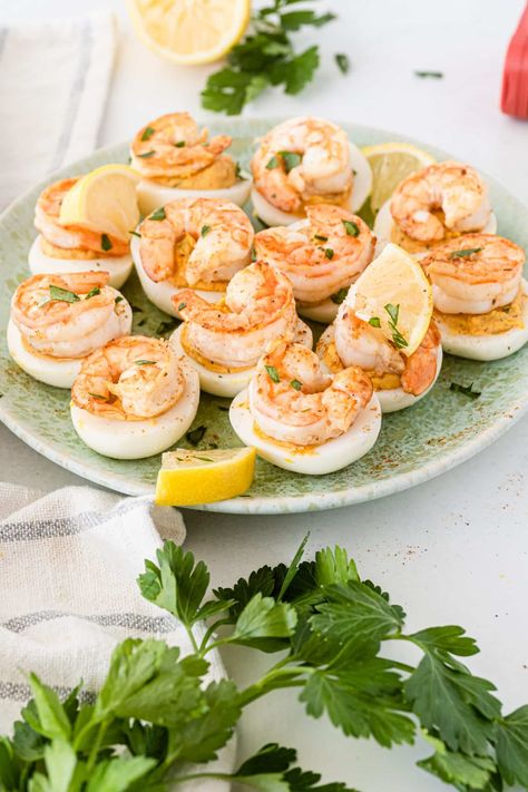 Cajun Shrimp Deviled Eggs Shrimp Deviled Eggs, Cajun Shrimp Recipes, Cajun Shrimp, Deviled Eggs Recipe, Pot Luck, Shrimp Cocktail, Sweet Pickles, Pickle Relish, Egg Salad