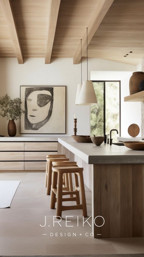 Nonwhite Kitchens, Organic Minimalist Kitchen, Kitchen Ideas Organic Modern, Organic Modern Kitchen Wood, Kitchen Modern Organic, Modern Nordic House Interiors, Natural Material Kitchen, Wabi Sabi Kitchen Backsplash, Japandi Kitchen Shelves