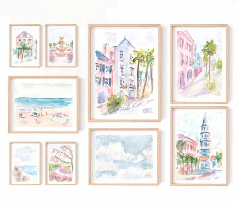 Aesthetic Prints For Bedroom, Charleston Themed Room, Watercolor Bedroom Ideas, Charleston Watercolor Paintings, Lilly Pulitzer Room Ideas, Coastal Prints Home Decor, Watercolor Room Decor, Charleston Nursery, Grand Millennial Art