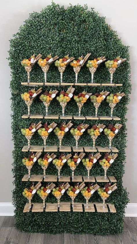 Charcuterie Masterclass! | I did a charcuterie wall for my sister’s graduation party this weekend | Facebook Charcuterie Cup Wall, Charcuterie Cup Display, Champagne Cup Charcuterie, Charcuterie Cups Display Wedding, Individual Charcuterie Cups For Wedding, Charcuterie Wall, Charcuterie Business, Individual Charcuterie, Wine Board