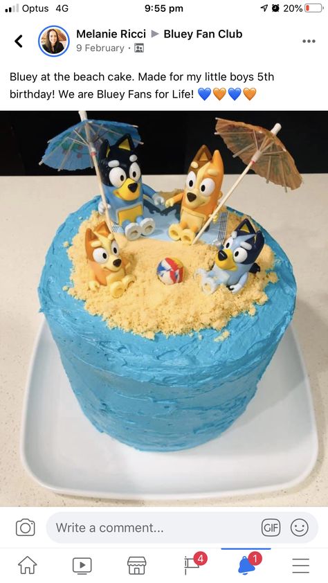 Easy Diy Bluey Cake, Homemade Bluey Birthday Cake, Bluey Pool Cake, Homemade Bluey Cake, Bluey Cake Diy, Simple Bluey Cake Ideas, Bluey Beach Cake, Diy Bluey Cake, Birthday Desert