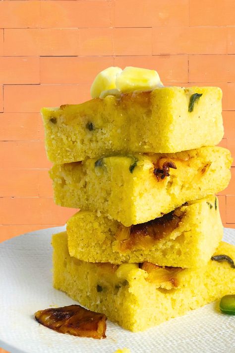 This vegan Pineapple Jalapeno Cornbread is the perfect mix of sweet and savoury. Moist and delicious, this cornbread recipe comes together quickly. Awesome with chili or soup. Pineapple Cornbread, Jiffy Cornbread Recipes, Caramelized Pineapple, Jalapeño Cornbread, Biscuit Bread, Cornbread Recipe, Black Bean Soup, Canned Pineapple, Corn Bread Recipe