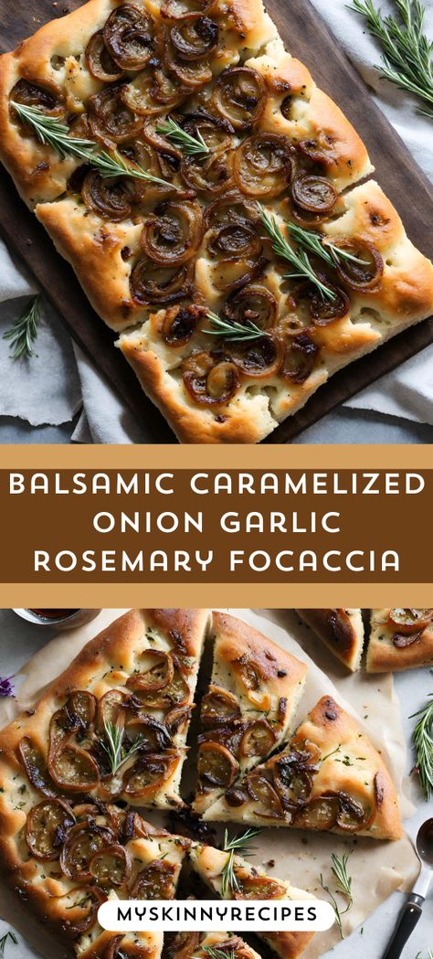 Indulge in the irresistible flavors of this homemade focaccia! Sweet caramelized onions, savory garlic, and fragrant rosemary atop fluffy dough, drizzled with balsamic vinegar. Perfect for sharing! Try it today. 😋 #HomemadeBread #DeliciousEats#myskinnyrecipes . Garlic Rosemary Focaccia, Focaccia Dinner Ideas, Dutch Oven Breads, How To Carmalize Onions, Foccacia Recipe, Homemade Focaccia, Foccacia Bread, Rosemary Recipes, Rosemary Focaccia