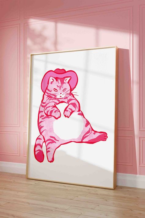 Pink cowboy cat poster.  Add a splash of quirkiness to your living space with this adorable poster! It's a perfect gift for your friend's housewarming, birthday, Christmas or any other special event. ♥Paper choices♥ ♥Semi-Gloss Paper (180 gsm): The semi-glossy paper is a bright white photo paper with a satin finish, it offers sharp and vivid color reproduction. ♥Matte Paper (200 gsm): Matte paper is optimized for artwork, if you're a looking for a less glossy appearance this option is for you. ♥ Posters For Pink Room, Pink Orange Wall Art, Fun Wall Art Prints, Pink Retro Room, Funny Wall Prints, Living Room Poster Ideas, Disco Cowgirl Decor, Retro Posters Aesthetic, Poster Wall Living Room