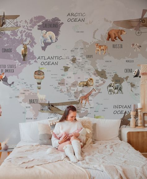 Kids Map Wallpaper Removable Wallpaper Peel and Stick - Etsy Australia Peel And Stick Wallpaper For Playroom, Educational Wallpaper, Peel And Stick Wallpaper Kids, Continent Map, Kid Wallpaper, Boys Room Wallpaper, World Map Mural, Kindergarten Wallpaper, Map Wall Mural