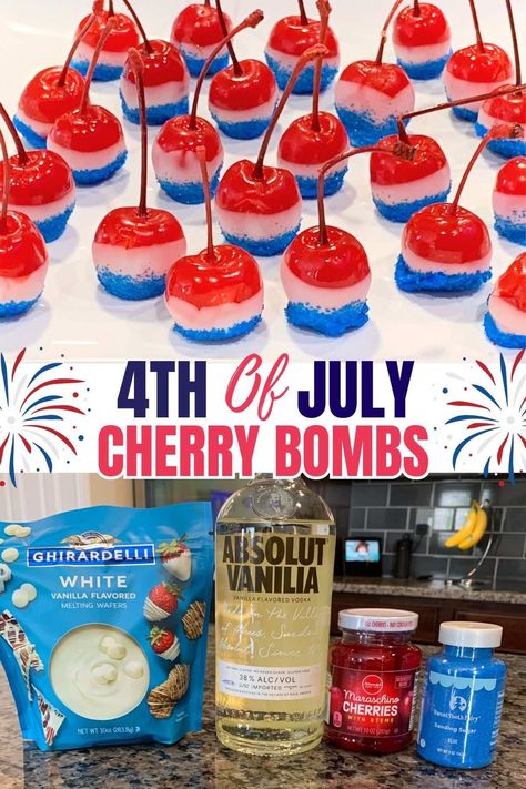 Boozy Cherry Bombs are always a hit with adults for the summer holiday season! Made with maraschino cherries soaked in vodka, these boozy bites are dipped in a white chocolate candy coating and festively decorated for the Fourth of July, Memorial Day, or just a fun summer party! #fourthofjuly #4thofjuly #summerdessert #summercocktail #boozycherry #cherries Alcohol Treats, Summer Party Food, Chocolate With Sprinkles, Party Food Easy, Boozy Popsicles, Cherry Vodka, July Desserts, Sprinkles Recipe, Summer Food Party