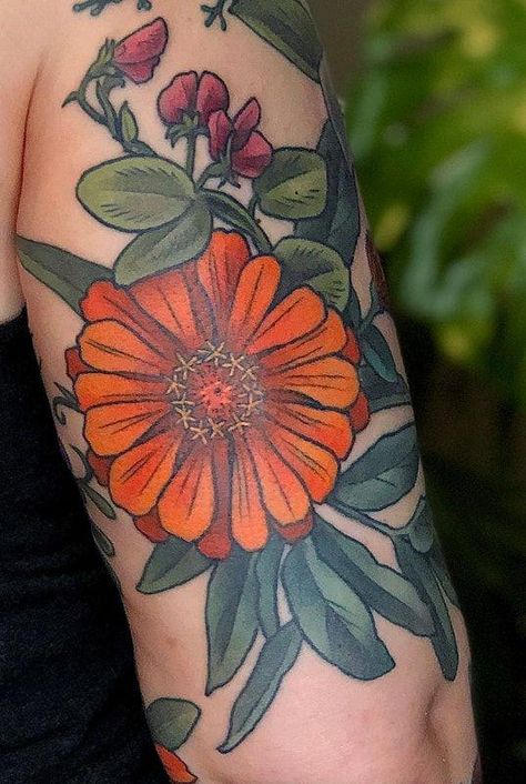 Botanical tattoo artist located in beautiful Portland, Oregon. Zinnia Tattoo, Orange Zinnia, Botanical Tattoos, Animals Tattoo, Poppies Tattoo, Zinnia Flowers, Botanical Tattoo, Candy Art, Color Me Beautiful