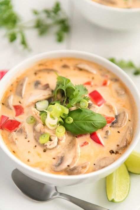 This Chicken Coconut Soup, also known as Tom Kha Gai, is an incredibly aromatic and flavorful Thai dish made with chicken, mushrooms, peppers, in a creamy coconut broth. via @sugarandsoulco Tom Kha Gai Soup Recipe, Tom Kha Gai Soup, Tom Kha Kai, Tom Kha Soup, Chicken Coconut Soup, Coconut Soup Recipes, Coconut Broth, Chicken Coconut, Tom Kha Gai