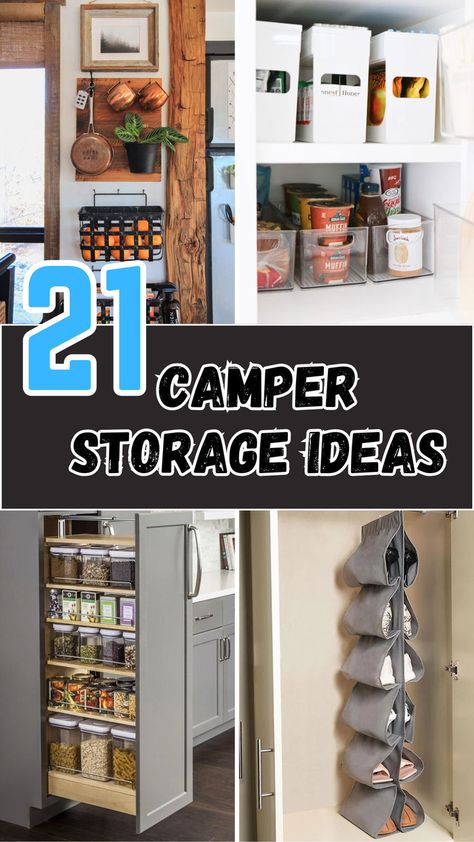 Creative and efficient camper storage solutions are featured in this image, showcasing ideas like hanging organizers, labeled bins, pull-out pantry shelves, and rustic wall-mounted racks. Perfect for maximizing space and keeping your camper tidy on your next adventure! Inside Camper Storage Ideas, Storing Camping Gear At Home, Camper Trailer Storage Ideas, Camper Storage Ideas Space Saving, Caravan Storage Ideas Australia, Camper Closet Storage Ideas, Camper Closet Organization, Truck Camper Storage Ideas, Camper Clothes Storage Ideas