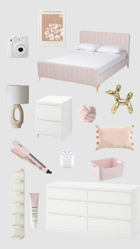 Cute pink and white bedroom Gold White And Pink Bedroom, Bedroom Inspirations Pink And White, Pink And White Teen Bedroom, Pink White Gold Bedroom, Baby Pink Room Aesthetic, Pink And White Bedroom Aesthetic, Pink Gold And White Bedroom, Pink And White Room Aesthetic, Pink White Room