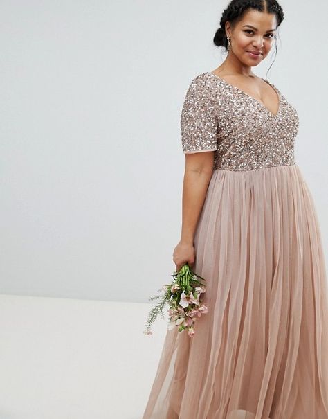 Maya Plus | Maya Plus v neck maxi tulle dress with tonal delicate sequins Stunning Bridesmaid Dresses, Bridesmaid Dresses With Sleeves, Plus Size Bridesmaid, Plus Size Formal, Party Dresses Online, Plus Size Formal Dresses, Vestido Plus Size, Bridal Shower Dress, Bridal Party Dresses