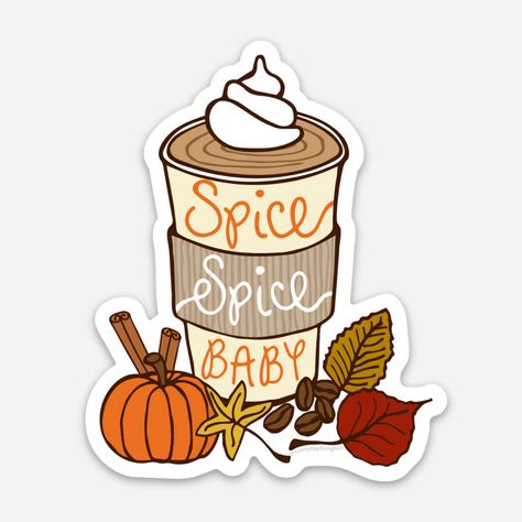 This sweet and spicy illustrated Pumpkin Spice Latte vinyl sticker is perfect for anyone that waits all year for sweater weather and pumpkin spice season to begin in the Fall! Featuring an illustrated to-go coffee cup, leaves, a pumpkin, and cinnamon sticks, this PSL-themed sticker design will be a hit with coffee lovers and anyone who loves Autumn. Approximately 3" x 2.5" Each of our vinyl stickers is durable, scratch-resistant, waterproof, and proudly made in the USA. They’re even dishwasher s Fall Kindle Stickers, Pumpkin Spice Latte Illustration, Fall Sticker Ideas, Fall Stickers Aesthetic, Cute Fall Stickers, Pumpkin Spice Art, Cozy Stickers, Coffee Cup Sticker, Artisan Kitchen